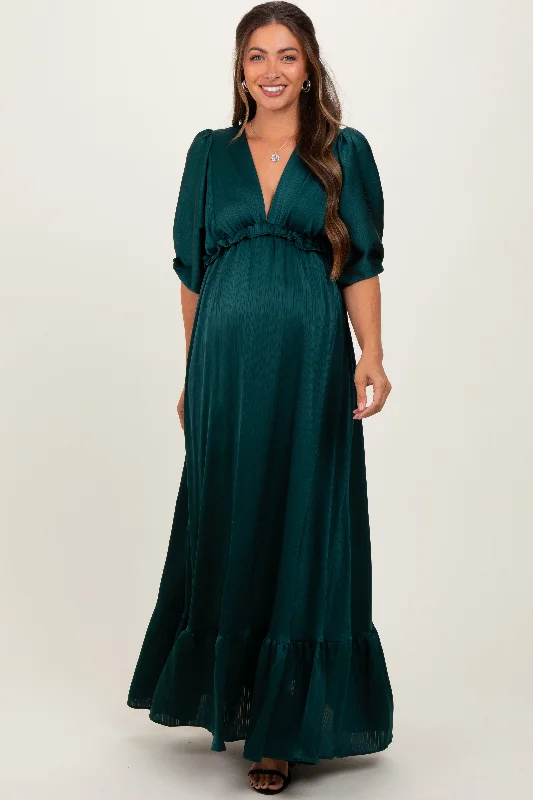 Forest Green Striped Ruffle Accent Maternity Maxi Dress