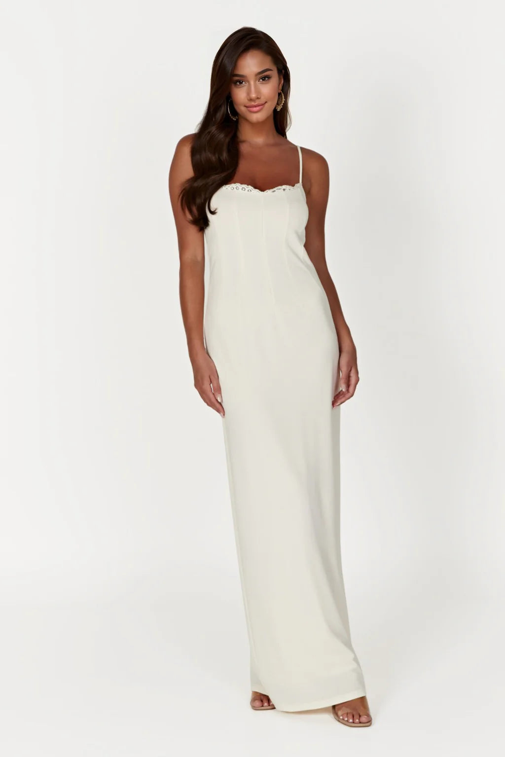 Lace Trim Maxi Dress - Bone