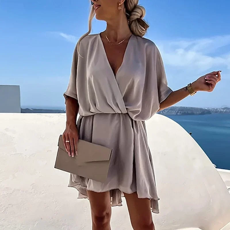 SANDRA - BEIGE BOHO V-NECK DRESS