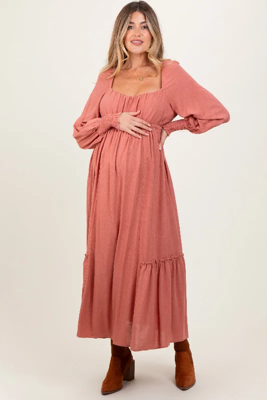 Mauve Square Neckline Bubble Sleeve Maternity Maxi Dress