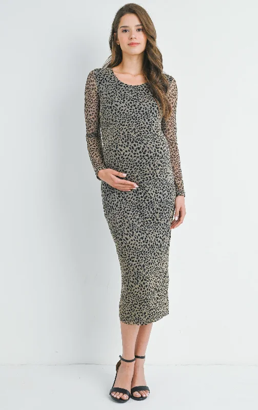 Mesh Leopard Print Round Neck Long Sleeve Maternity Midi Dress