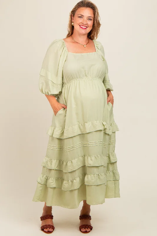 Mint Green Square Neck Ruffle Tiered Maternity Plus Maxi Dress