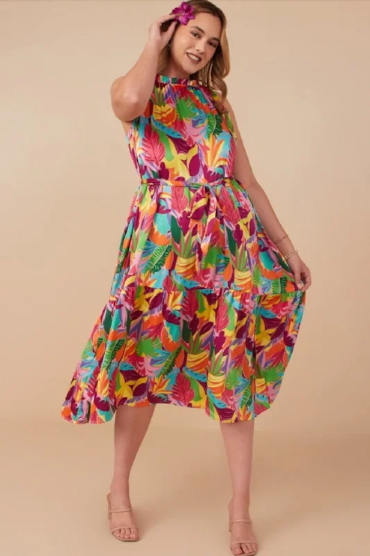 Multicolor Leaf Print Satin Tiered Plus Dress