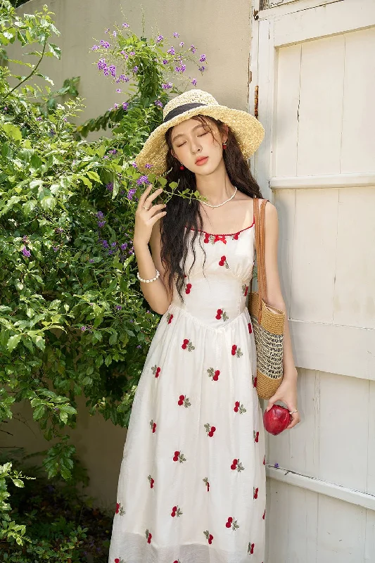 Cherry Embroidery Maxi Spaghetti Strap Dress for Women