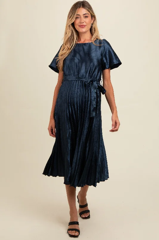 Navy Satin Pleated Sash Tie Maternity Midi Dress