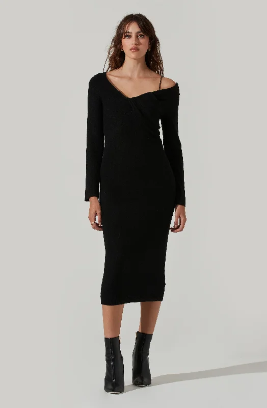 Naya Asymmetrical Shoulder Sweater Midi Dress