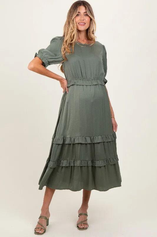 Olive Satin Ruffle Trim Maternity Midi Dress