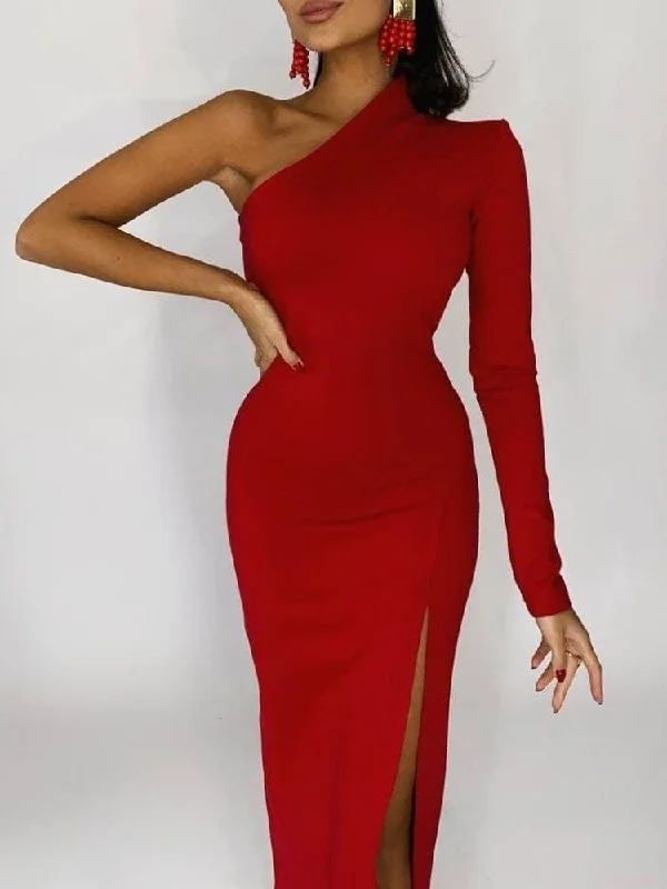 One Shoulder Leg Slit Maxi Bodycon Dress