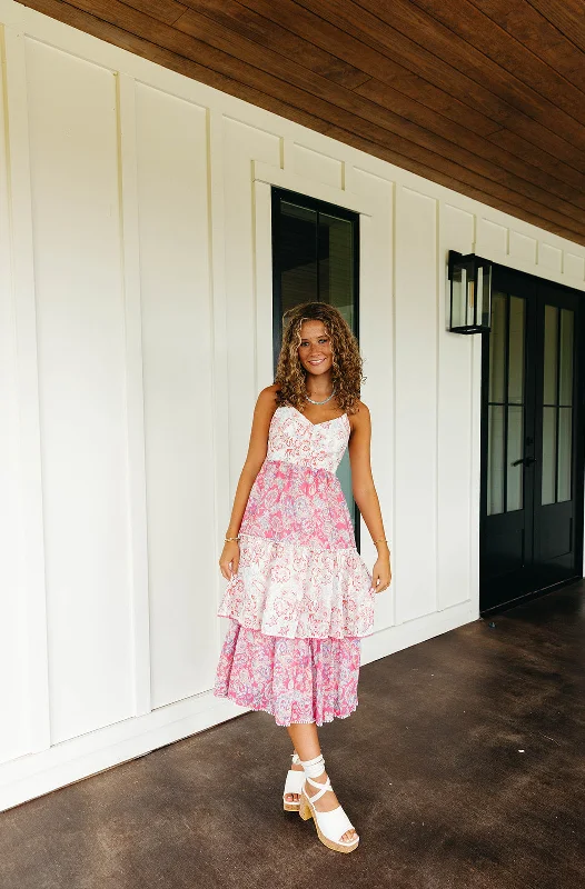 Paisley Midi Dress - White/Pink