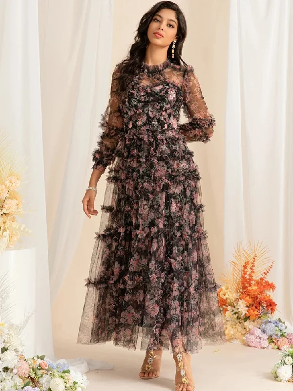 Printed Vintage mesh long Dress - WF115