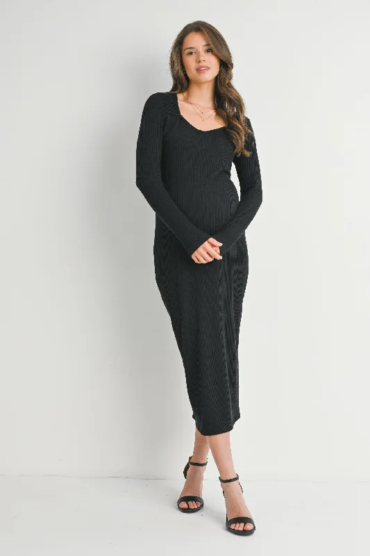 Ribbed Sweetheart Neck Long Sleeve Maternity Dress