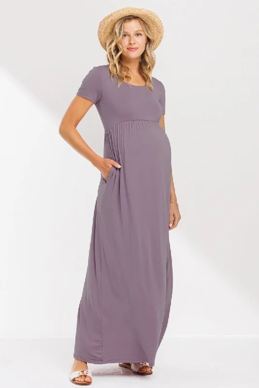 Solid Round Neck Maternity Maxi Flared Dress