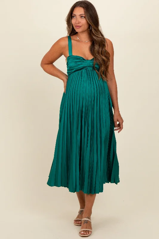 Teal Satin Pleated Sweetheart Maternity Midi Dress