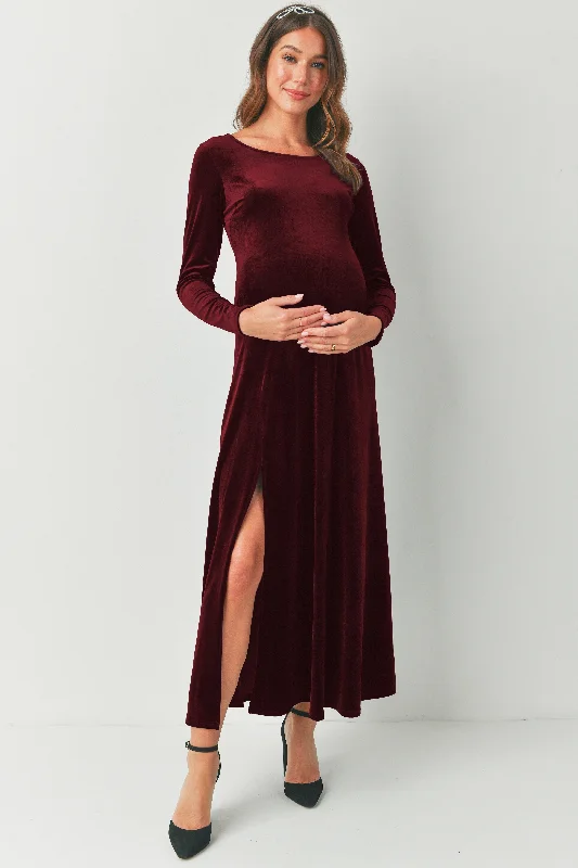 Velvet Round Neck Side Slit Maternity Dress