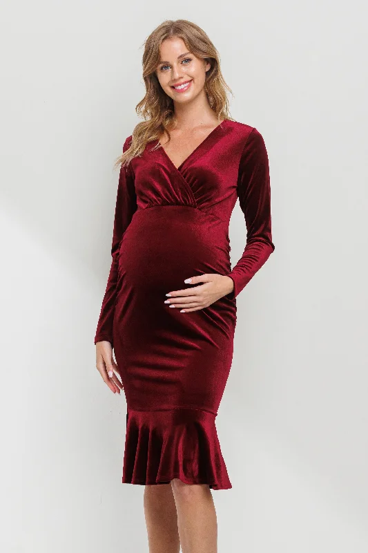 Velvet V-Neck Mermaid Hem Maternity Dress