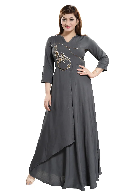 Women Grey Zardosi Maxi Dress