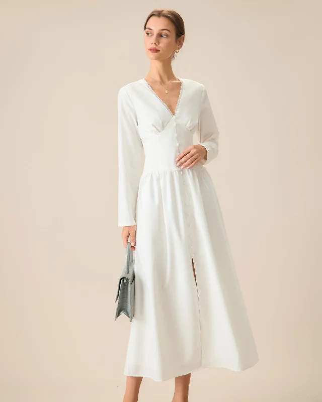 White Ruched Button Maxi Dress