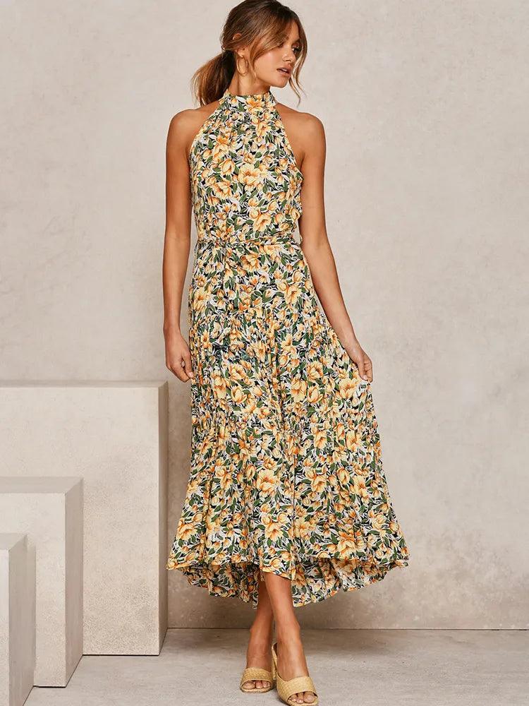 Yellow Flower Halter Neck Maxi Dress